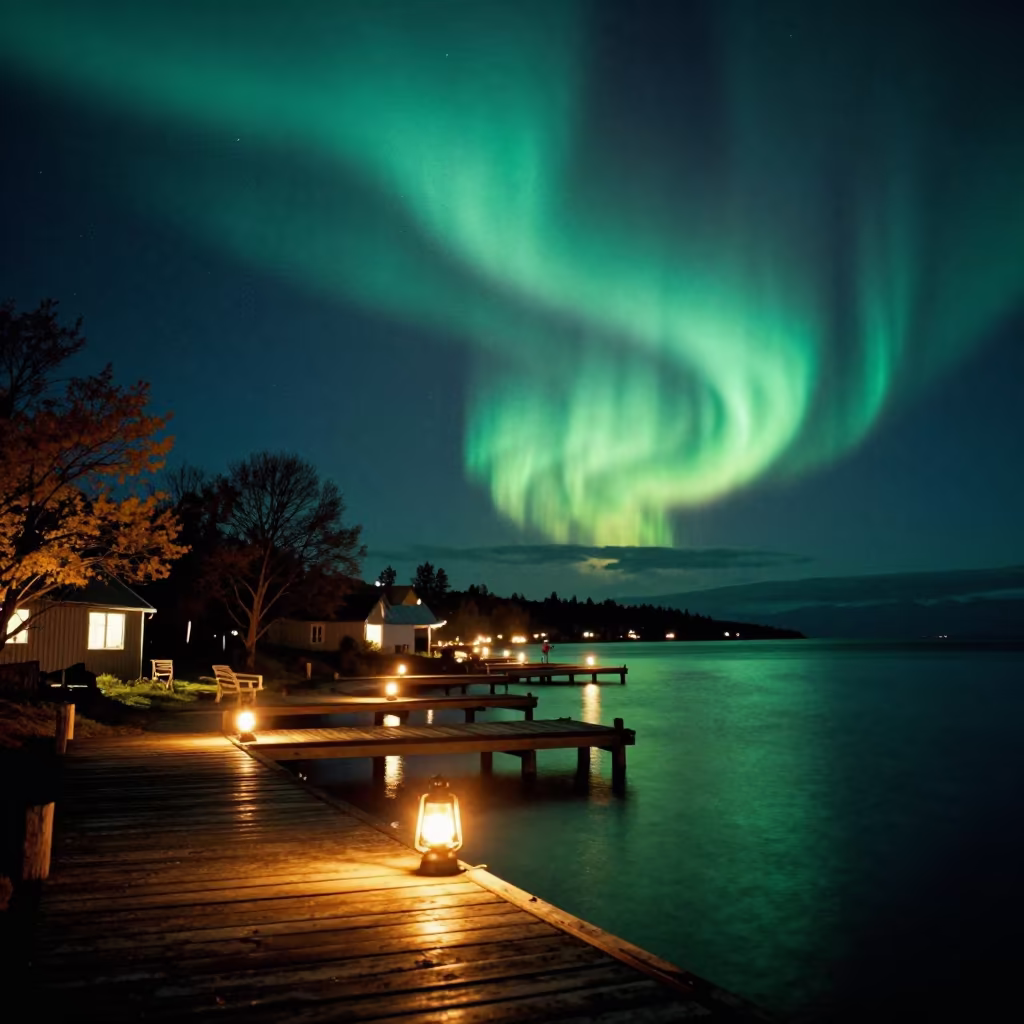 Northern Lights Over Patagonian Lantern Harbor in beside a lantern-dotted harbor in Patagonia