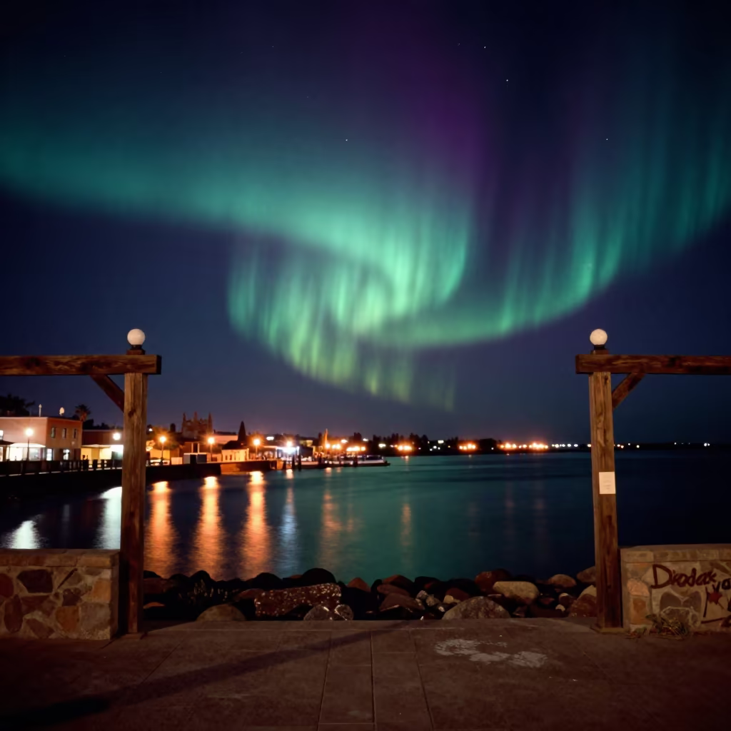 Northern Lights Over Santa Fe Harbor at Night in beside a lantern-dotted harbor near Santa Fe