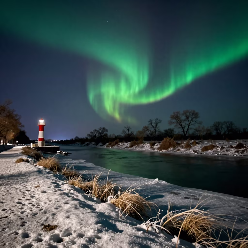 Northern Lights Over Snow River Near Delhi in near Delhi