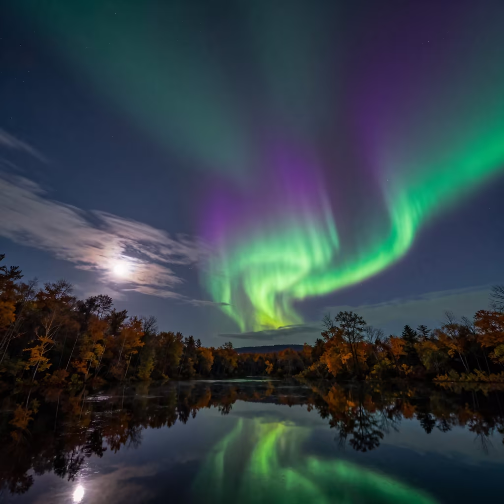 Northern Lights Green Purple Tennessee Night Sky in beneath thin cloud gaps and stars in Tennessee