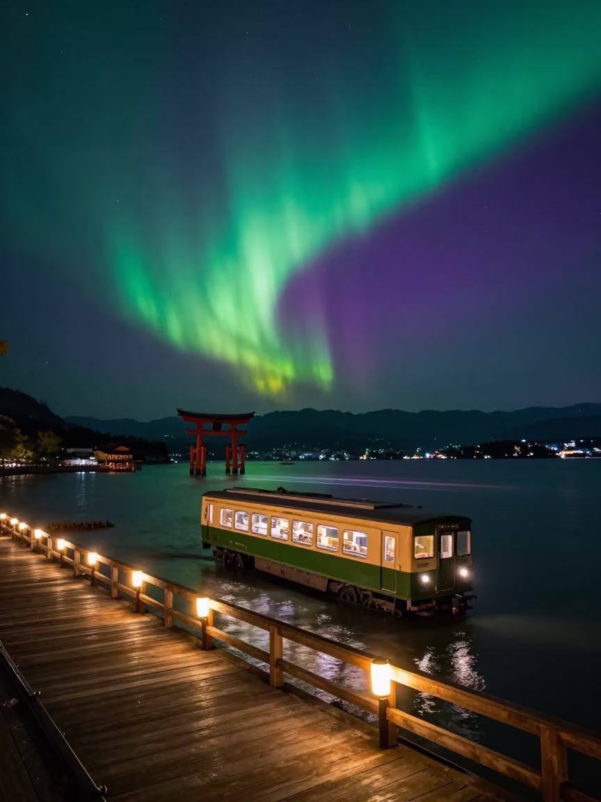 Northern Lights Train Car at Miyajima Harbor in beside a lantern-dotted harbor near Miyajima
