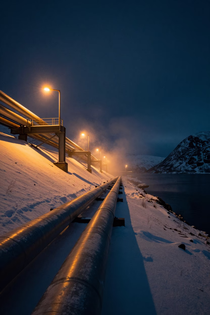 Norway District Heating Pipe Corridor Night in along a levee path above floodwater in Norway