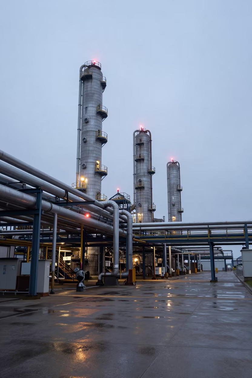 Norway Refinery Rack Under Red Lamps at Dawn in under gantries and utility towers in Norway