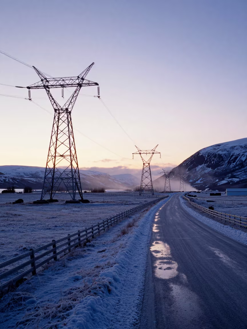 Norway transmission towers over frost pasture twilight in beside a storm surge barrier in Norway