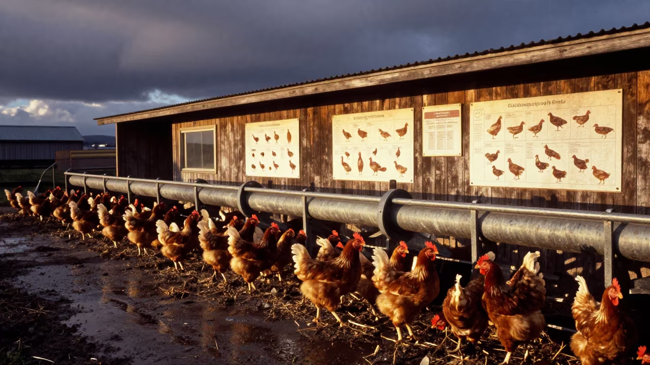 Norwegian Broiler Chickens at Golden Hour Storm Clouds in along a feedlot lane in Norway
