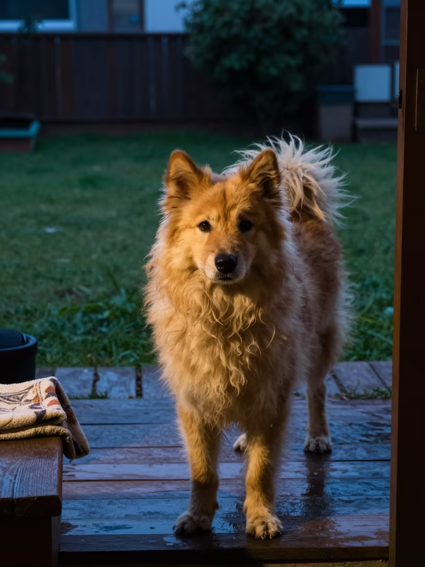 Norwegian Buhund on Porch in Ason Kathmandu in in a small yard with clipped grass, calm light, and the animal centered in frame in Ason, Kathmandu