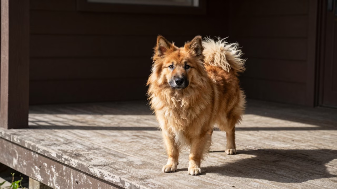 Norwegian Buhund on Russeifa Porch in on a shaded front porch with boards, railings, and eye-level framing in Russeifa