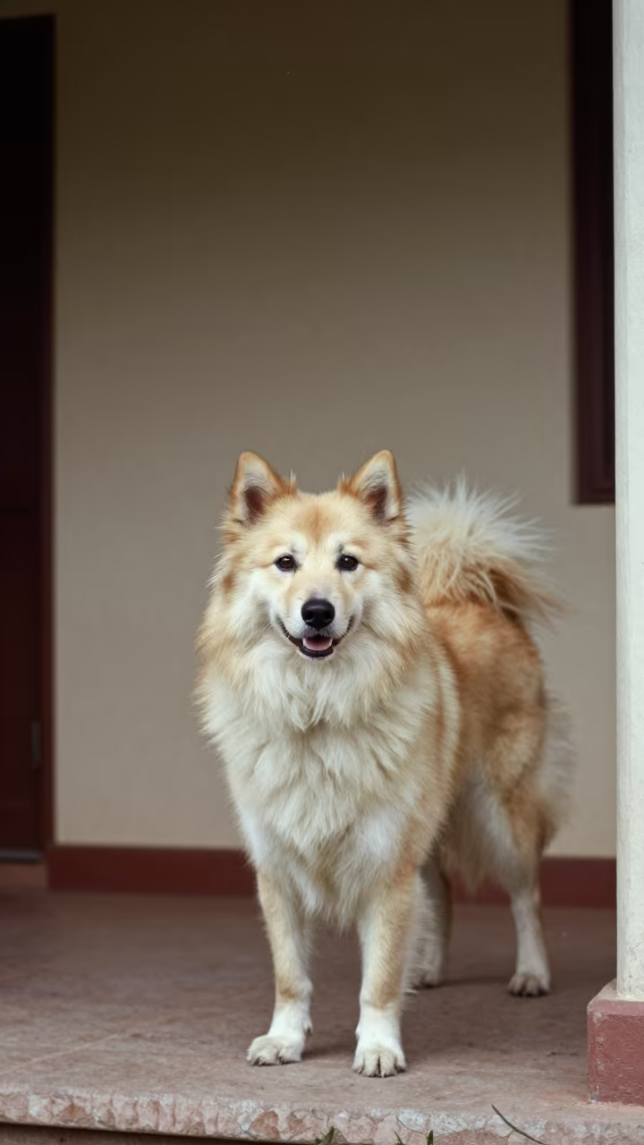 Norwegian Buhund on Shaded Porch in Antananarivo in beside a plain courtyard wall in clear daylight with the animal at eye level near Antananarivo