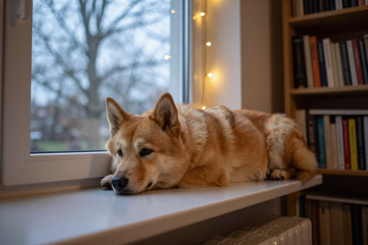 Norwegian Buhund on Windsor Window Seat in on a window seat in a quiet apartment with soft side light near Windsor