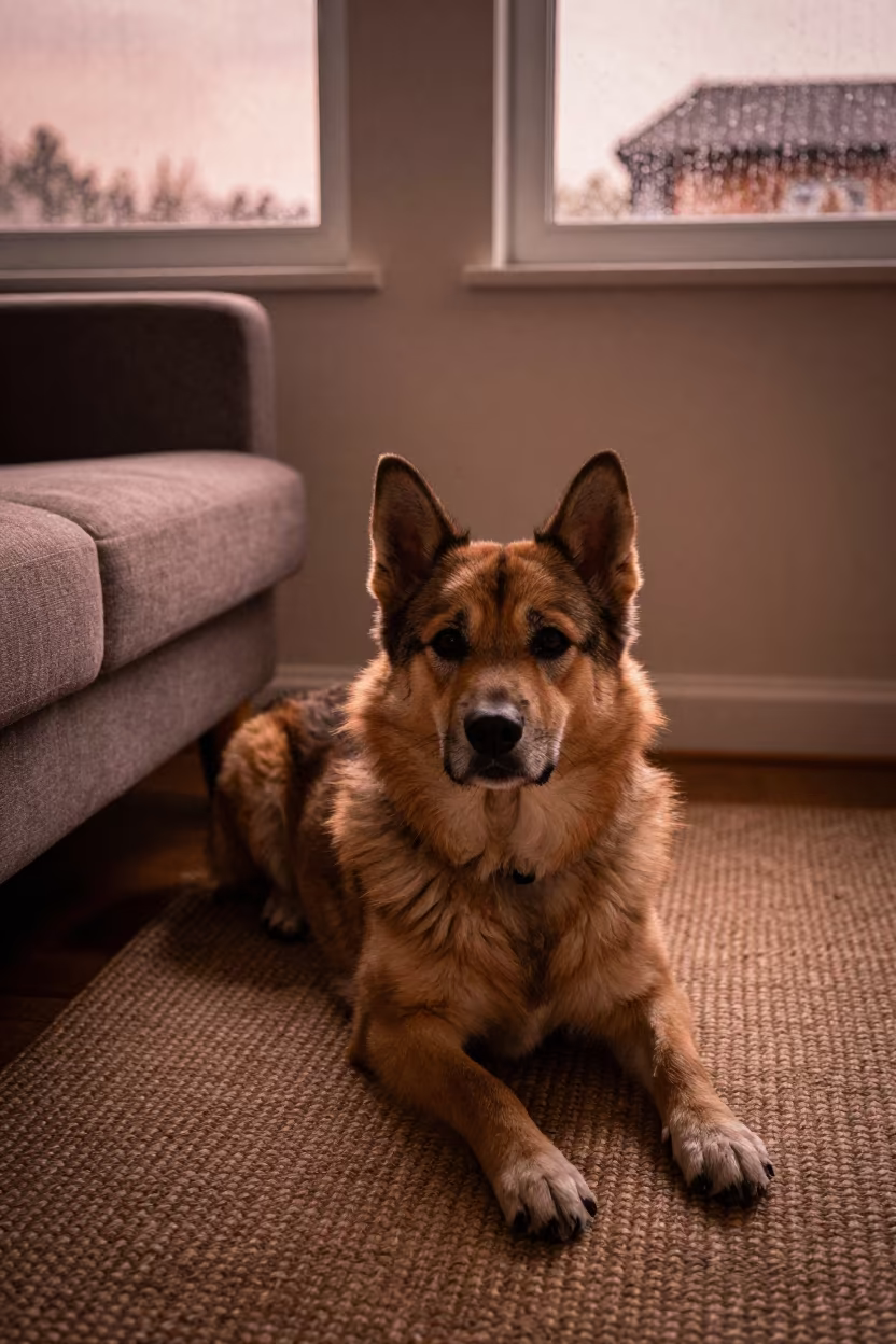 Norwegian Buhund on Woven Rug in Lusaka Home in on a woven rug beside a low couch and an uncluttered wall near Lusaka