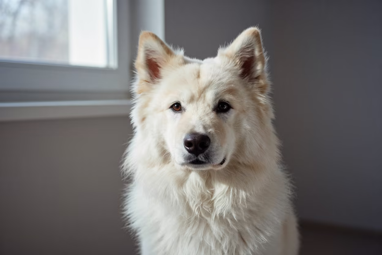 Norwegian Buhund Portrait in Midmorning Studio Light in in a quiet portrait studio with a plain backdrop and eye-level framing in Torreón