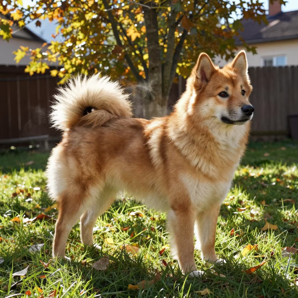 Norwegian Buhund Portrait in Tychy Yard in in a small yard with clipped grass, calm light, and the animal centered in frame in Tychy