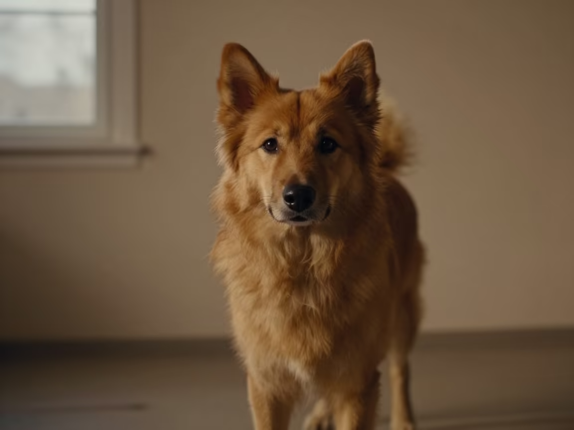 Norwegian Buhund Portrait in Winter Light in beside a plain plaster wall in soft indoor light with the animal centered in frame in Uşak