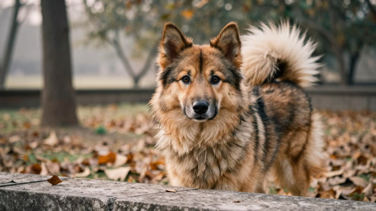 Norwegian Buhund Portrait Near Rohtak Garden in near a garden edge with soft morning light and an uncluttered background near Rohtak