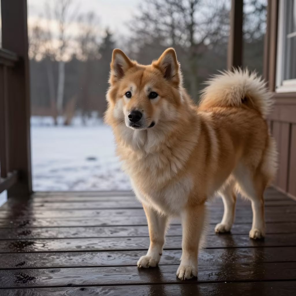 Norwegian Buhund Portrait on Shaded Porch at Dawn in on a shaded front porch with boards, railings, and eye-level framing near Bytom