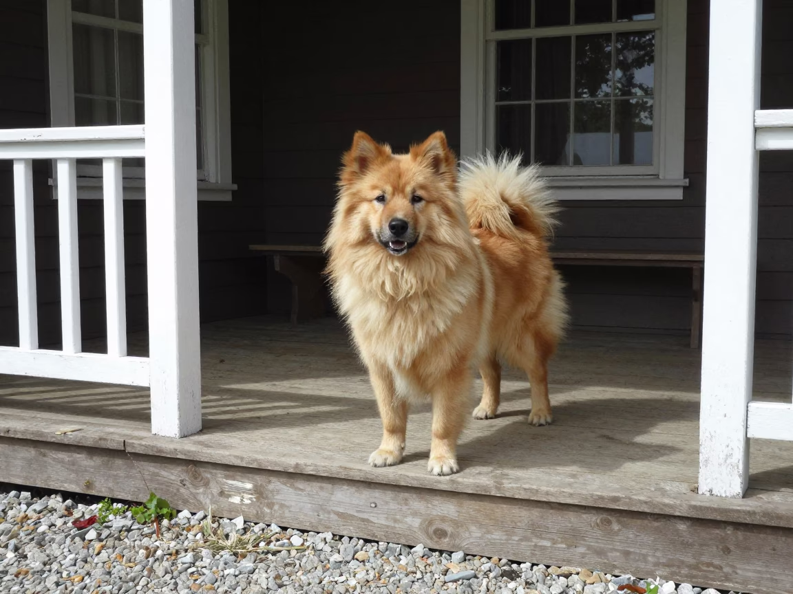 Norwegian Buhund Portrait on Shaded Porch in on a shaded front porch with boards, railings, and eye-level framing in Sofia