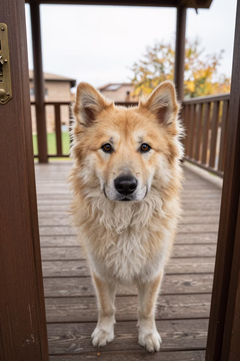 Norwegian Buhund Portrait on Shaded Siena Porch in on a shaded front porch with boards, railings, and eye-level framing in Siena