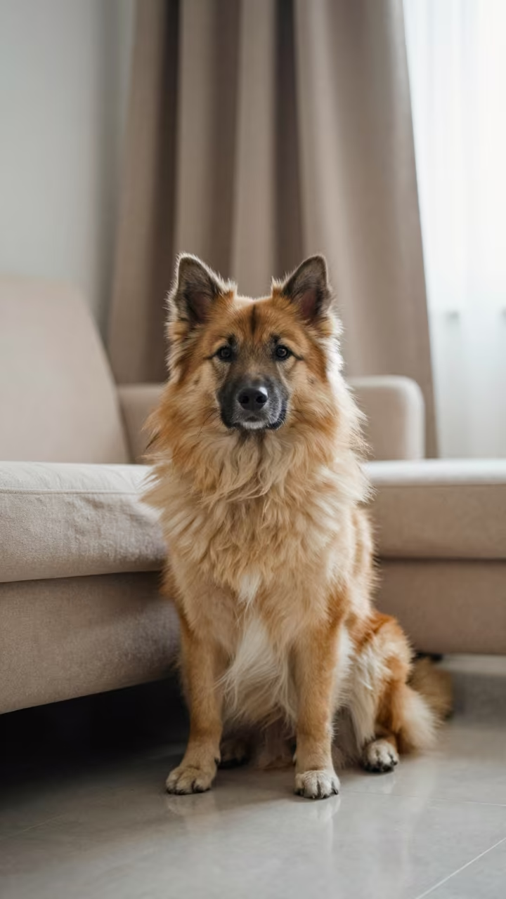 Norwegian Buhund Portrait on Sofa in on a sofa near a curtained window with calm indoor light near Qingdao