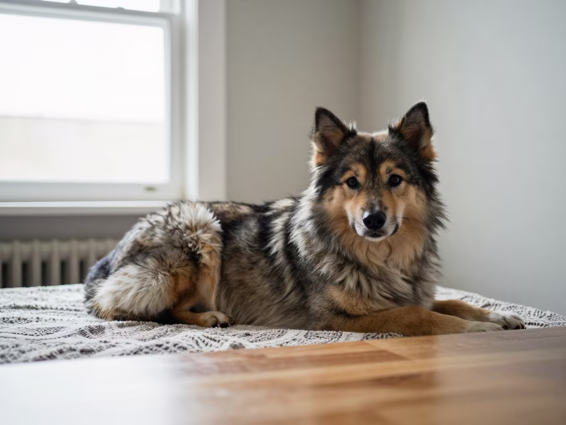 Norwegian Buhund Resting on Bedspread by Window in on a bedspread near a bright window with calm indoor light near Godavarikhani