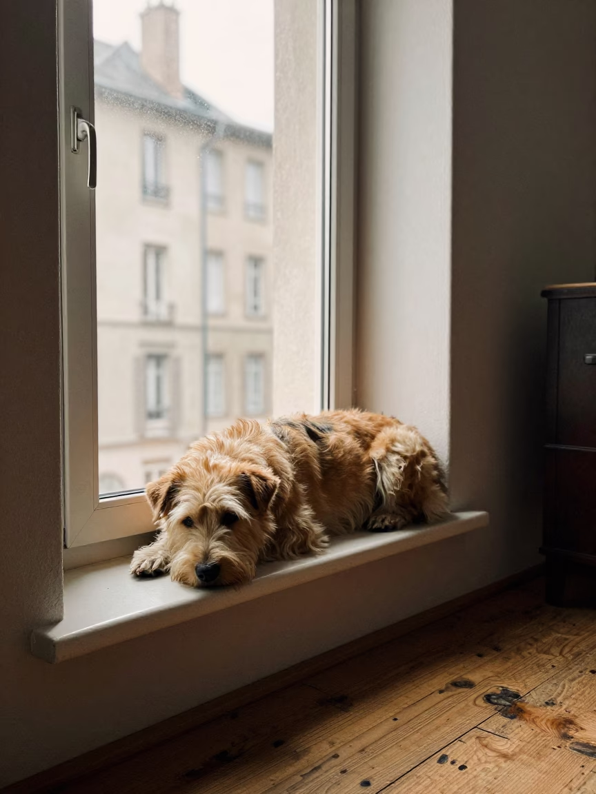 Norwegian Buhund Resting on Window Seat in Lyon in on a window seat in a quiet apartment with soft side light in Lyon