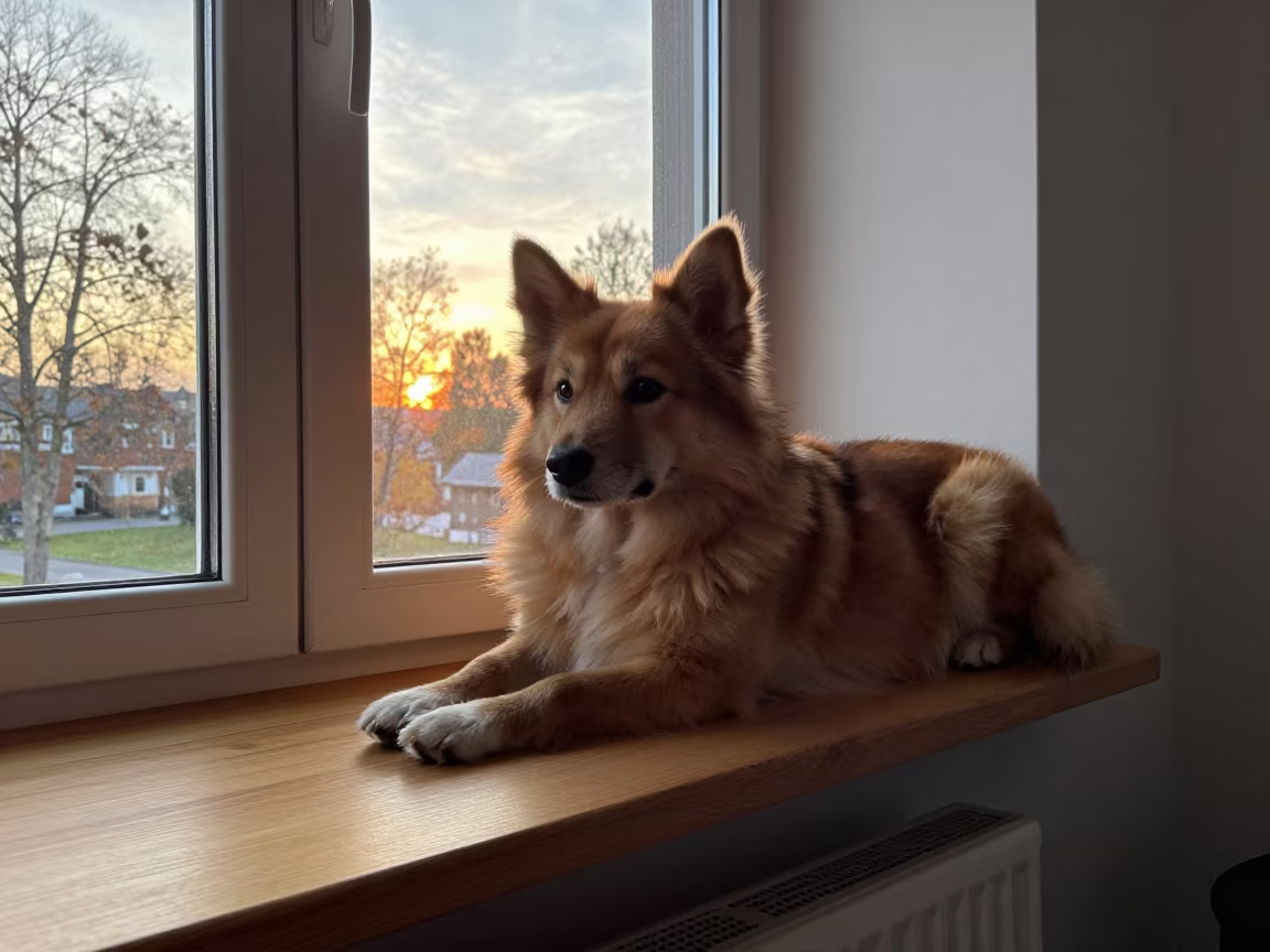 Norwegian Buhund Resting on Window Seat in on a window seat in a quiet apartment with soft side light in Asyut