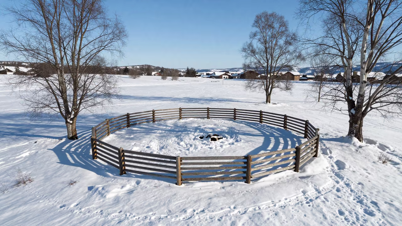 Norwegian Cattle Corral Winter Snow Aerial in beside a pasture gate in Norway
