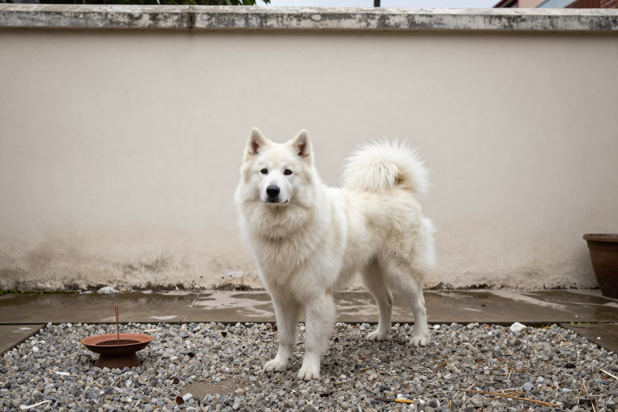 Norwegian Elkhound in Havana Courtyard in beside a plain courtyard wall in clear daylight with the animal at eye level in Malecon, Havana