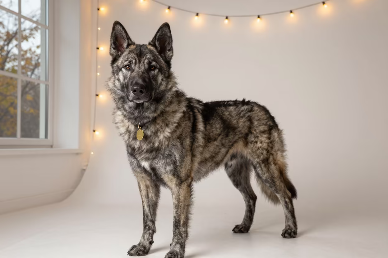 Norwegian Elkhound Portrait in Evening Studio Light in in a quiet portrait studio with a plain backdrop and eye-level framing in Parma