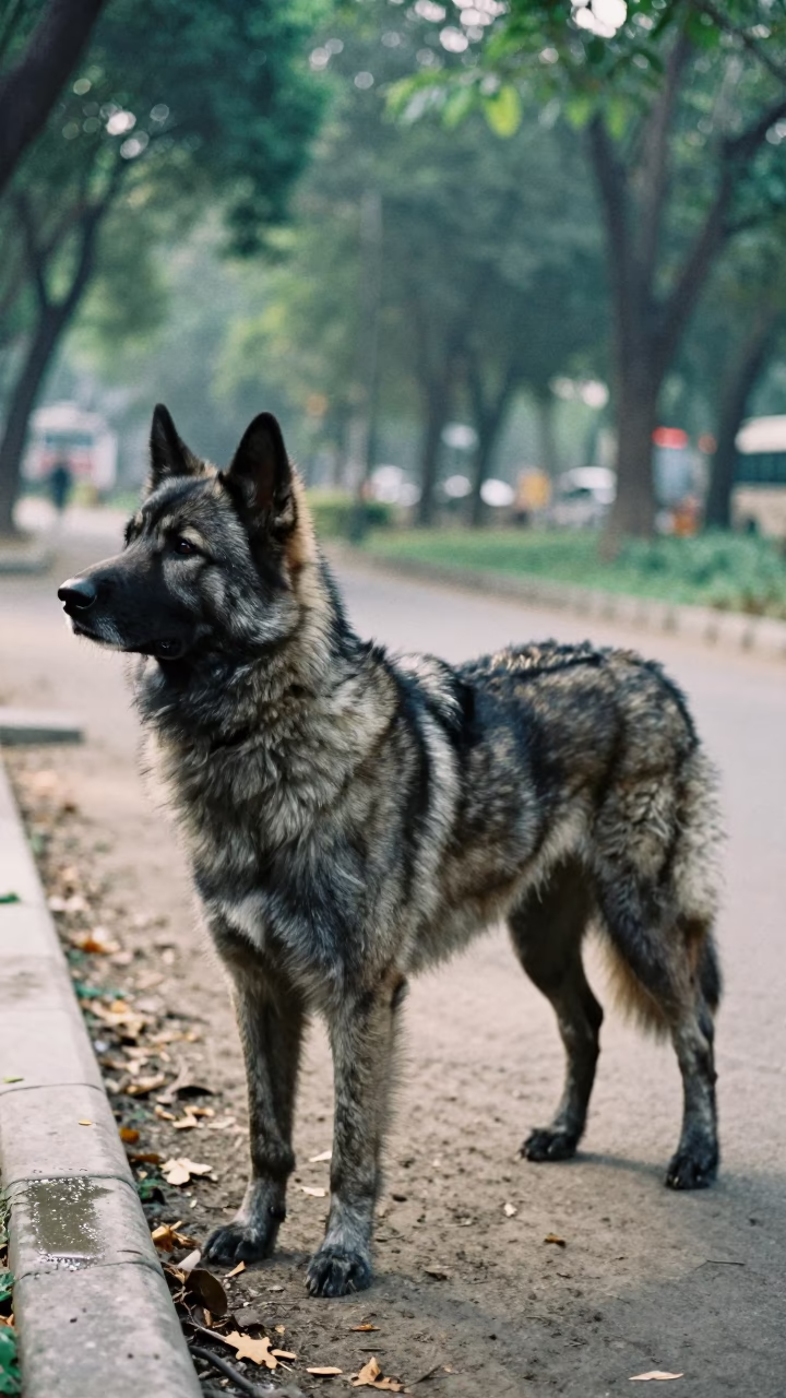 Norwegian Elkhound Portrait in Indore Park Shade in along a quiet park path with soft open shade and a clean background in Indore