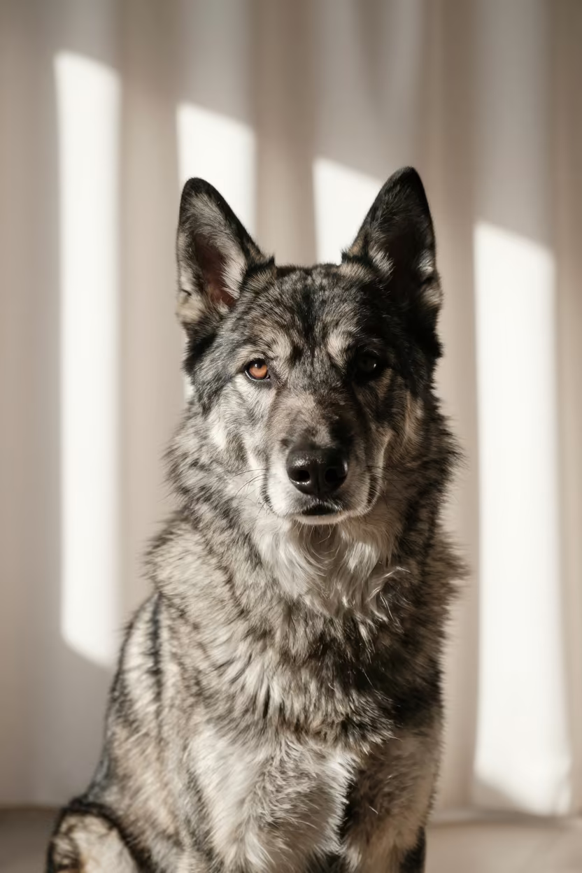Norwegian Elkhound Portrait in Xian Studio in in a quiet portrait studio with a plain backdrop and eye-level framing near Xian