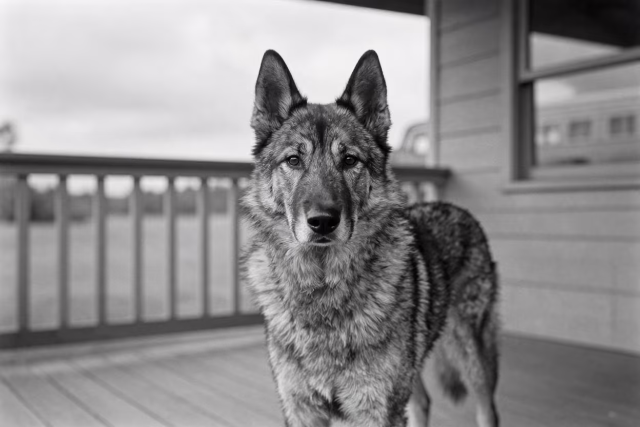 Norwegian Elkhound Portrait on Shaded Suva Porch in on a shaded front porch with boards, railings, and eye-level framing in Suva