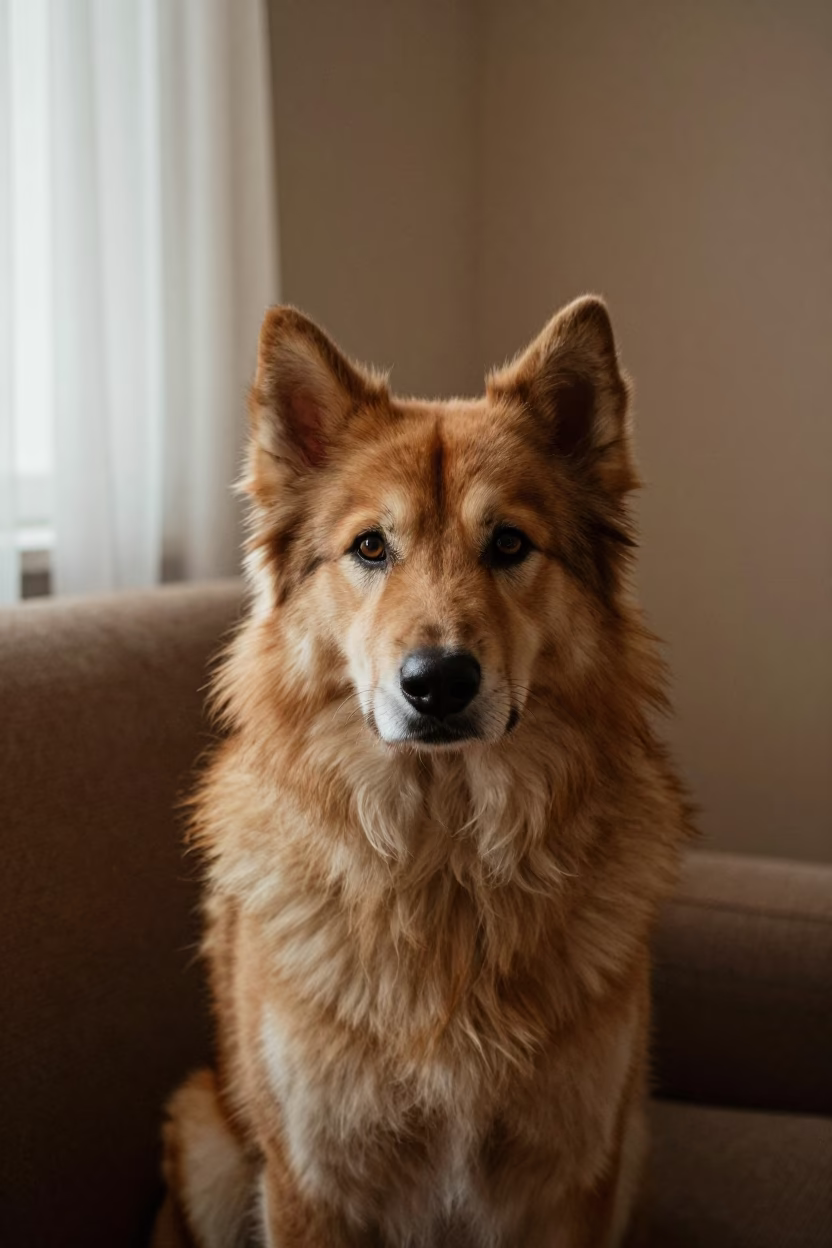 Norwegian Elkhound Portrait on Sofa Near Window in on a sofa near a curtained window with calm indoor light near Goiania