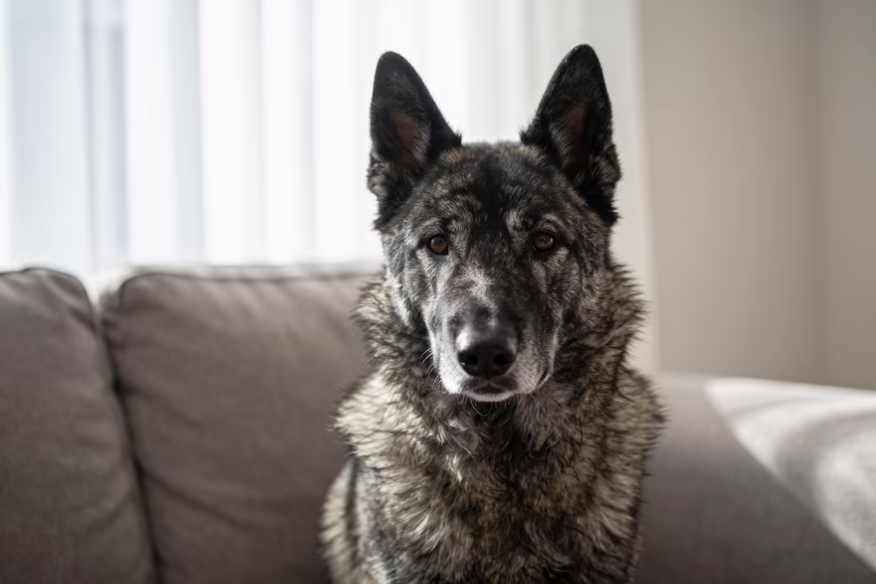 Norwegian Elkhound Portrait on Sofa in on a sofa near a curtained window with calm indoor light in Mangalore