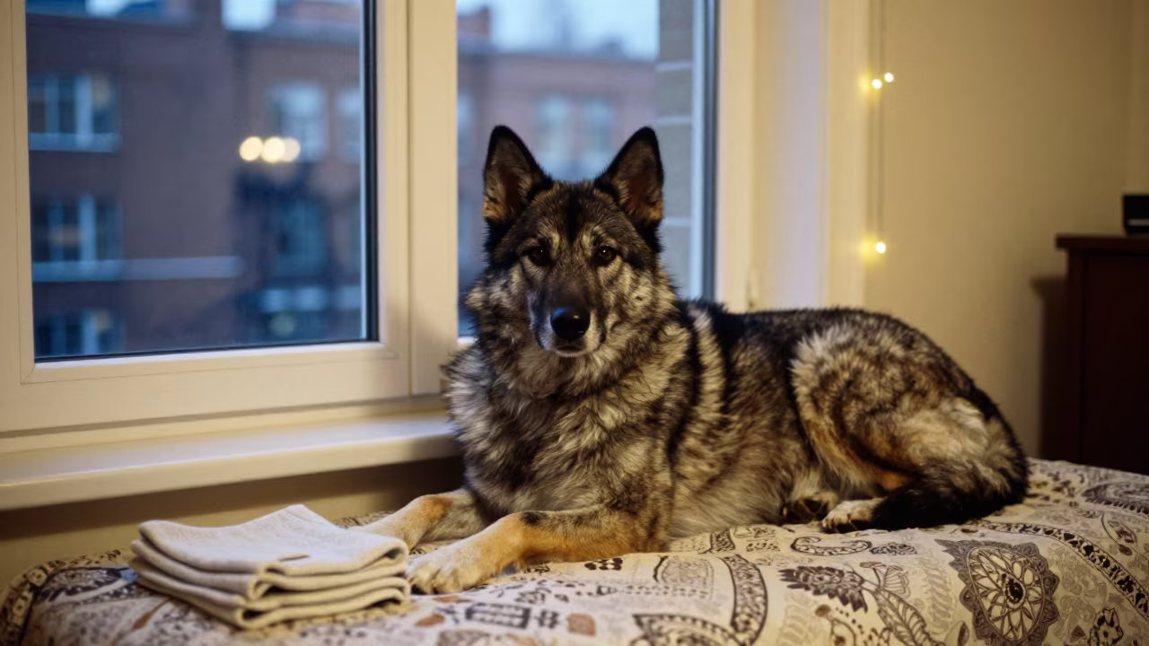 Norwegian Elkhound Resting Near Window in on a bedspread near a bright window with calm indoor light near Tianzifang, Shanghai