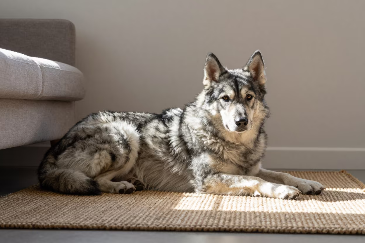Norwegian Elkhound Resting on Rug in Late Autumn Afternoon in on a woven rug beside a low couch and an uncluttered wall near Changsha