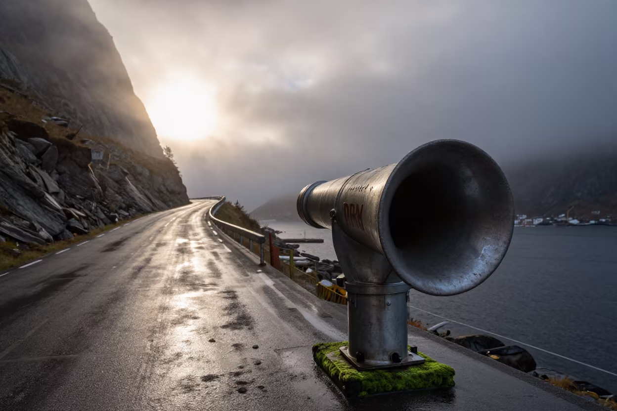 Norwegian Ferry Horn in Midnight Sun Fog in along a switchback approach in Norway