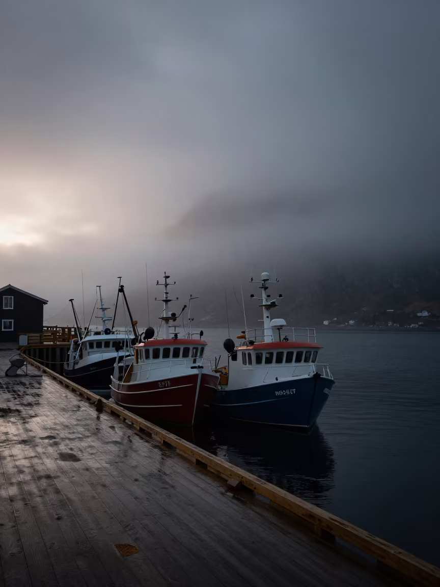Norwegian Fishing Fleet in Winter Sea Fog in through low marine fog in Norway
