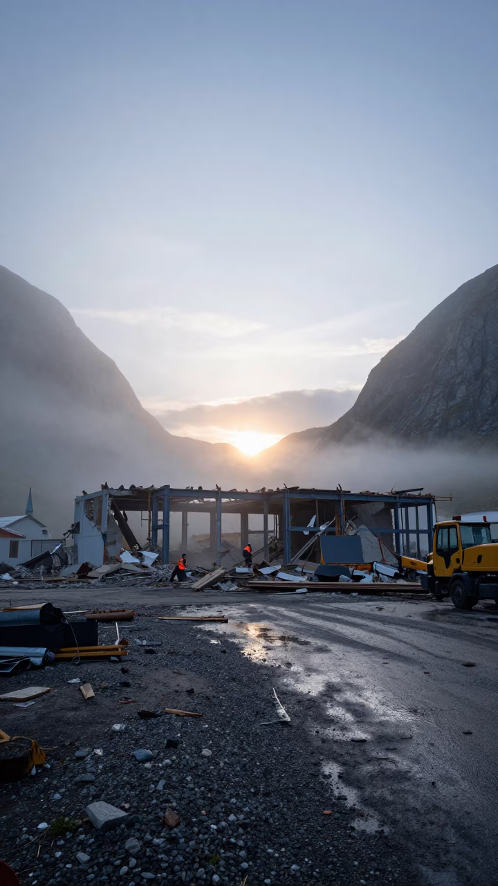 Norwegian Fjord Demolition Site at Sunrise Mist in beside a framed building shell in the Fjords of Norway