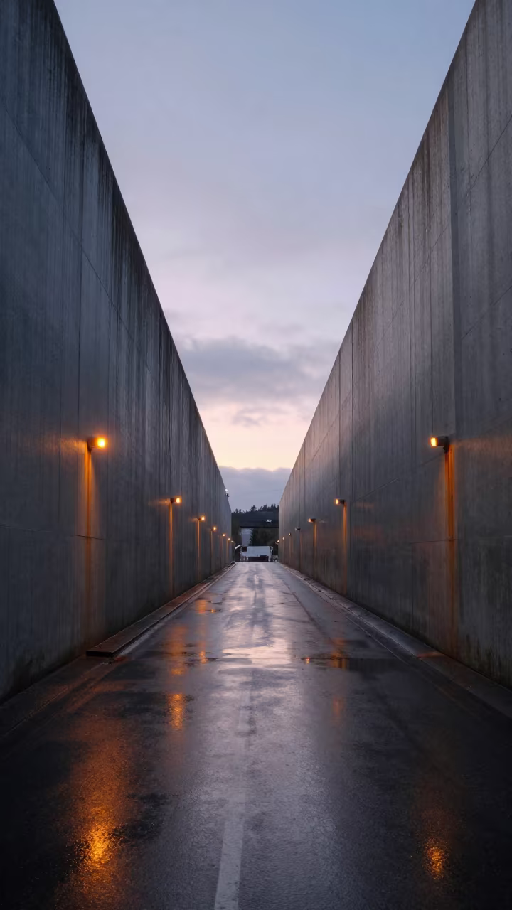 Norwegian Flood Barrier Symmetry Before Dawn in across a windy overpass interchange in Norway