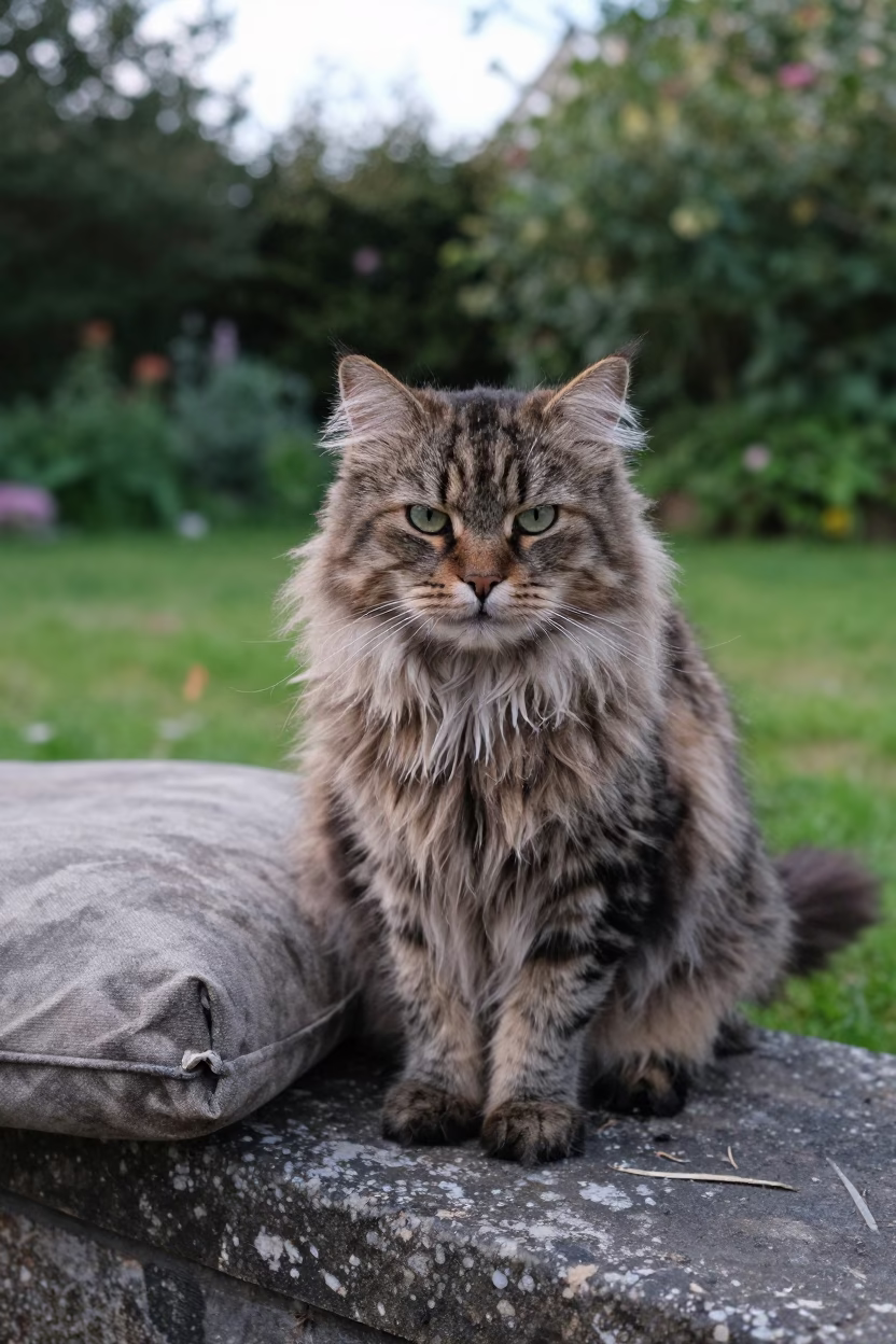 Norwegian Forest Cat at Garden Edge Morning Light in near a garden edge with soft morning light and an uncluttered background near Ghent