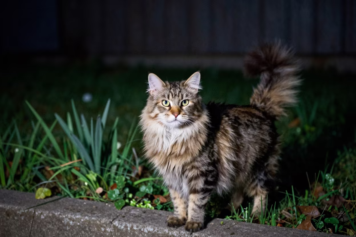 Norwegian Forest Cat Night Garden Chaman in near a garden edge with soft morning light and an uncluttered background in Chaman