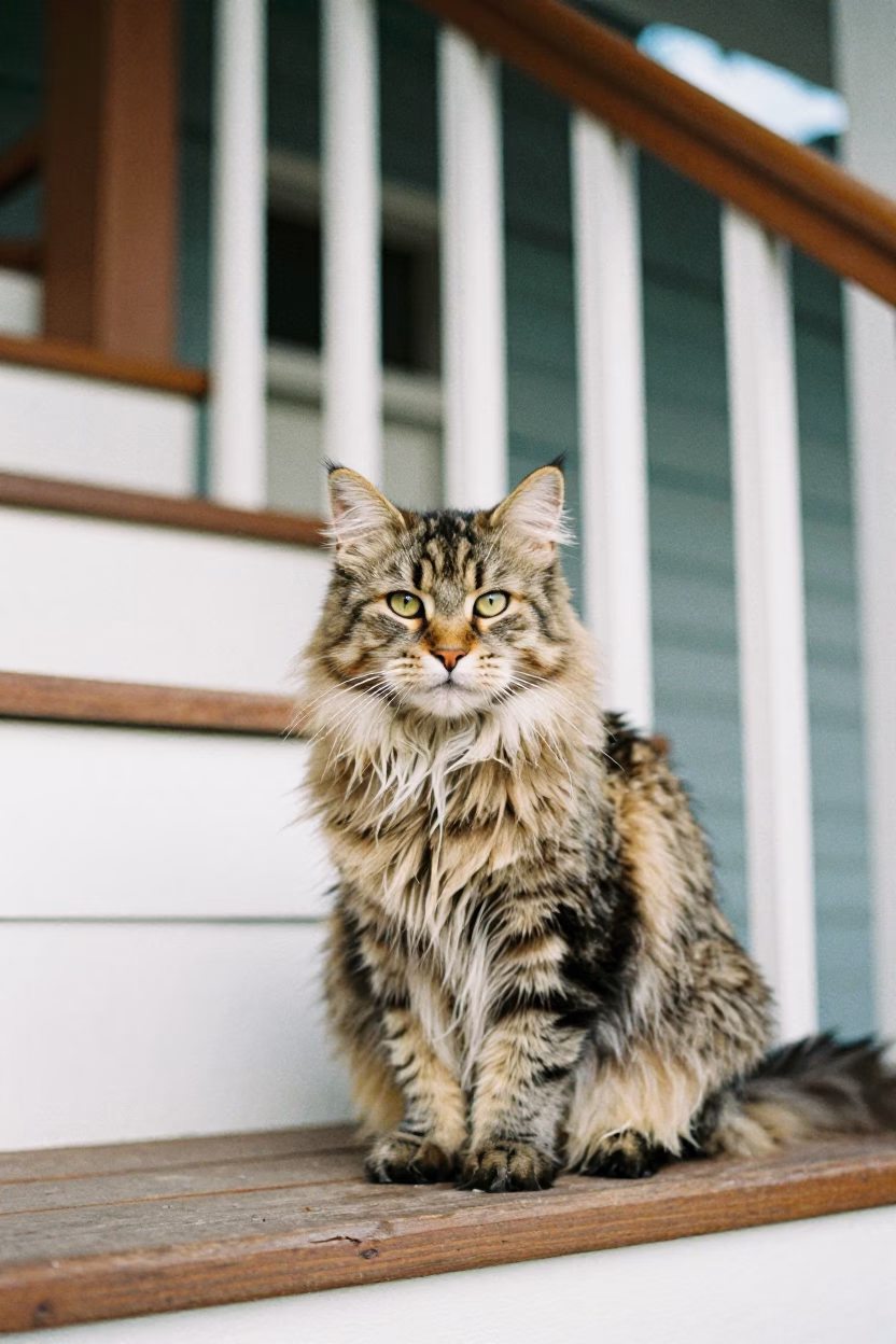 Norwegian Forest Cat on Mwanza Porch in on a shaded front porch with boards, railings, and eye-level framing in Mwanza