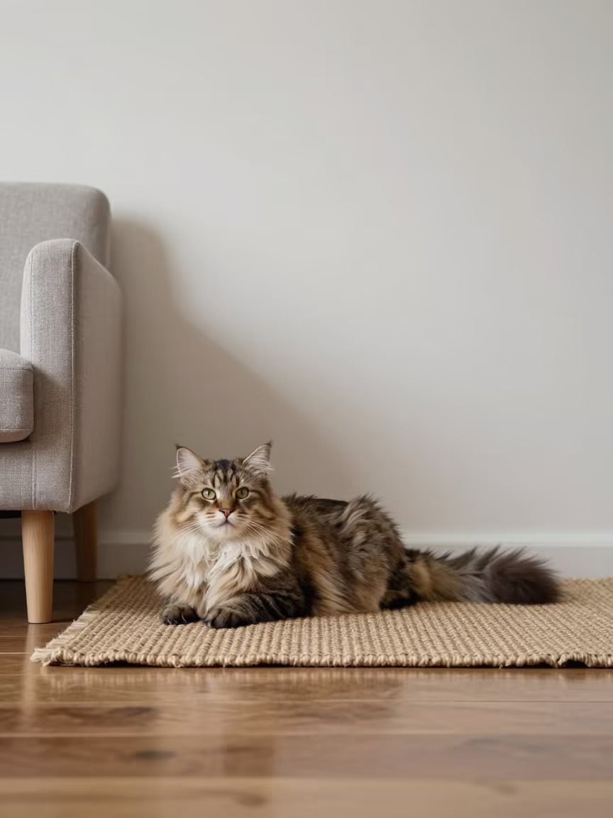 Norwegian Forest Cat on Woven Rug in Dordrecht in on a woven rug beside a low couch and an uncluttered wall in Dordrecht