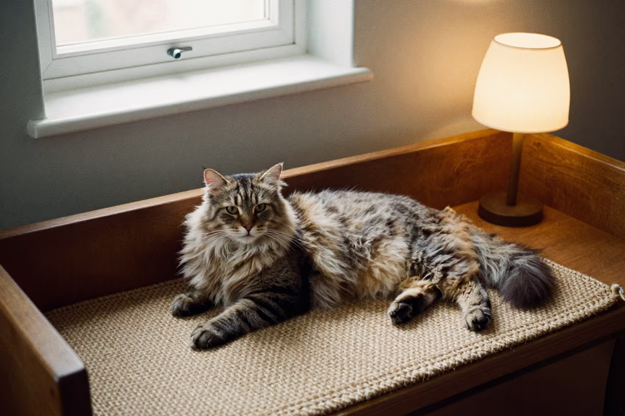 Norwegian Forest Cat on Woven Rug in Łódź in on a woven rug beside a low couch and an uncluttered wall in Łódź