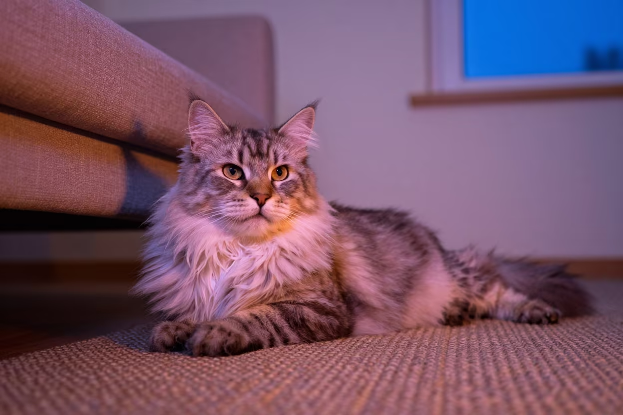 Norwegian Forest Cat on Woven Rug in Warsaw Apartment in on a woven rug beside a low couch and an uncluttered wall in Warsaw