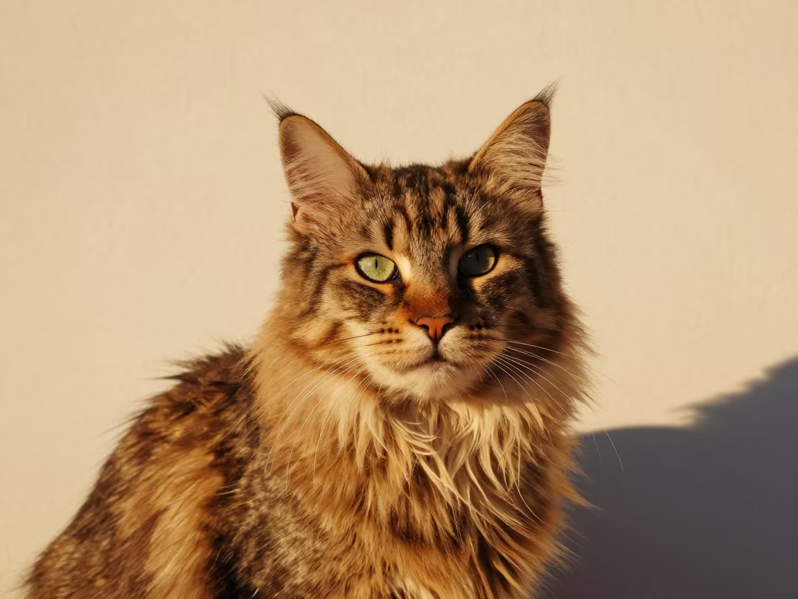 Norwegian Forest Cat Portrait in Amber Light in in a quiet portrait studio with a plain backdrop and eye-level framing near Manzanillo