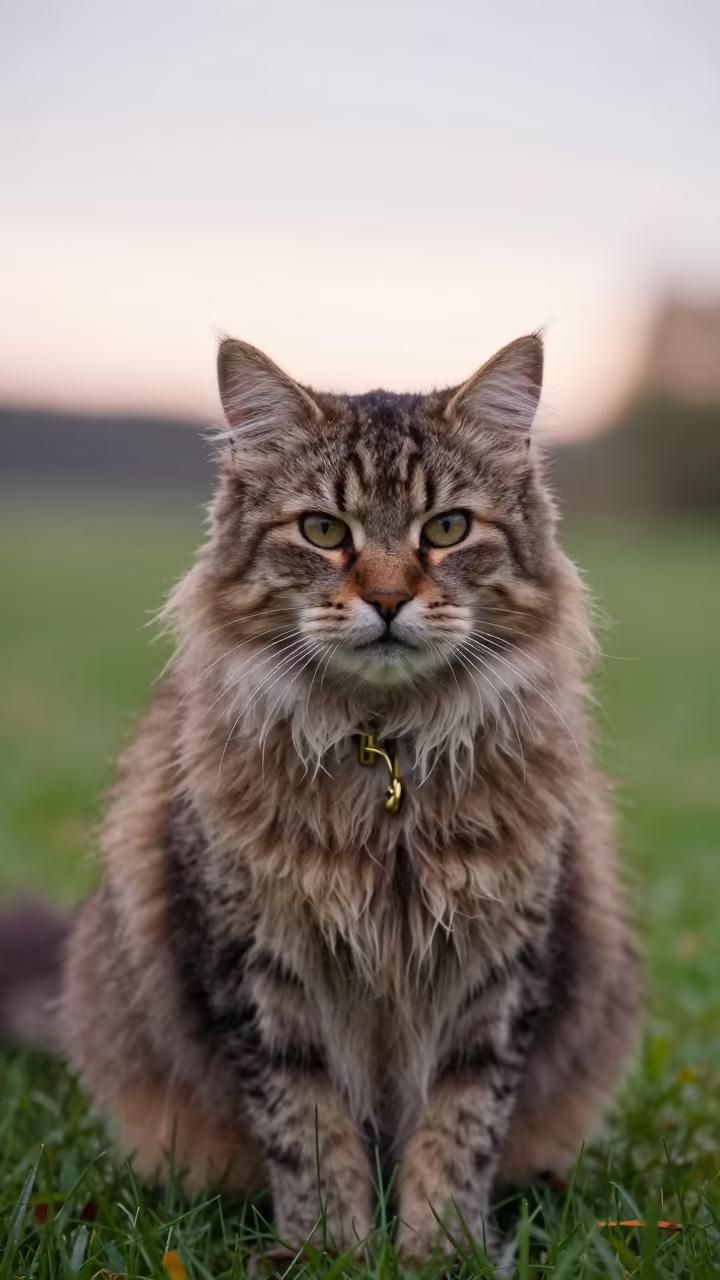 Norwegian Forest Cat Portrait in Jakarta Yard in in a small yard with clipped grass, calm light, and the animal centered in frame in Kemang, Jakarta