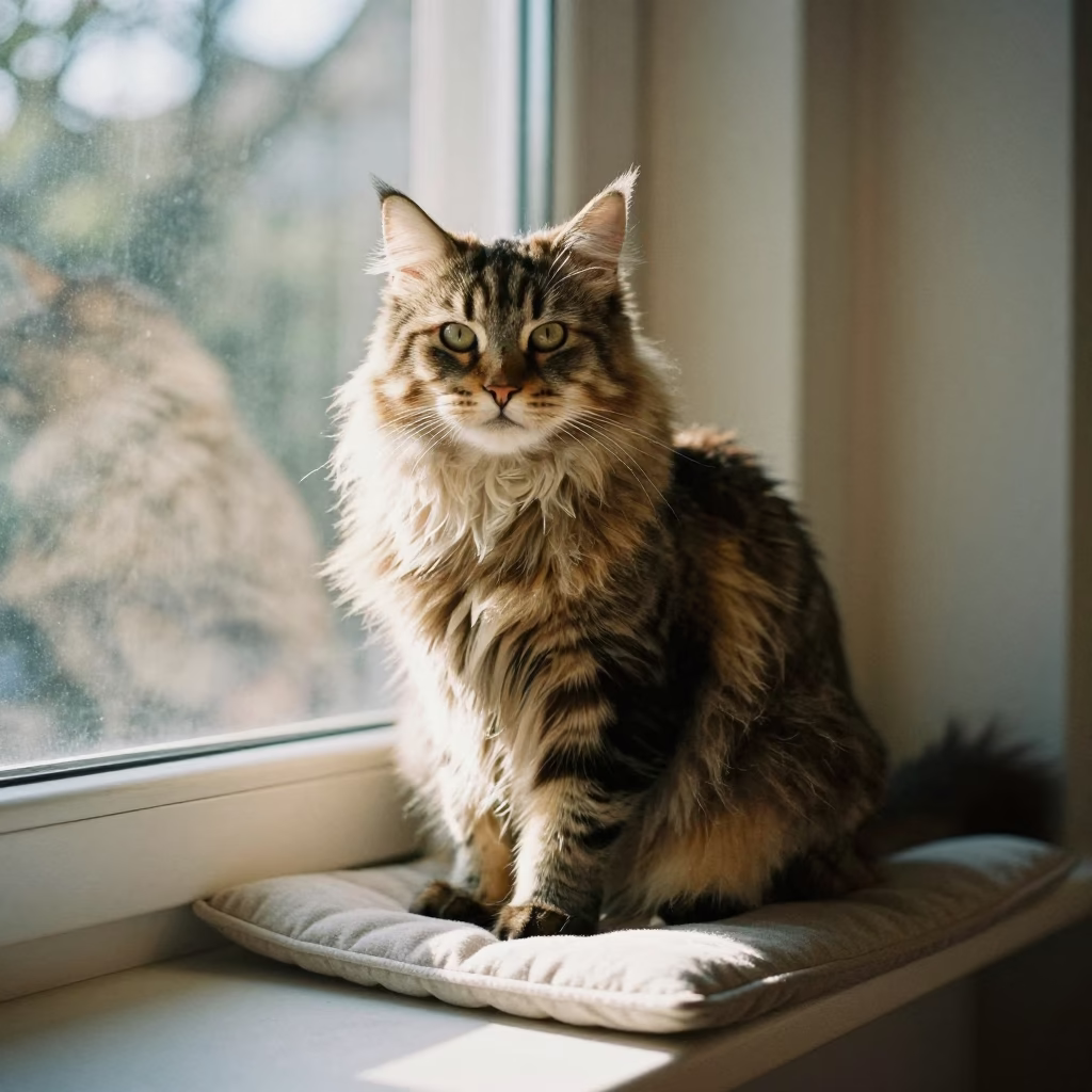 Norwegian Forest Cat Portrait on Window Seat in on a cushioned window seat with soft side light and an uncluttered background near Hangzhou