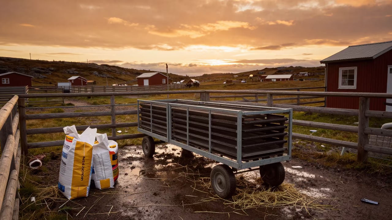 Norwegian Hatchery Tray Cart in Amber Light in inside a ranch corral in Norway