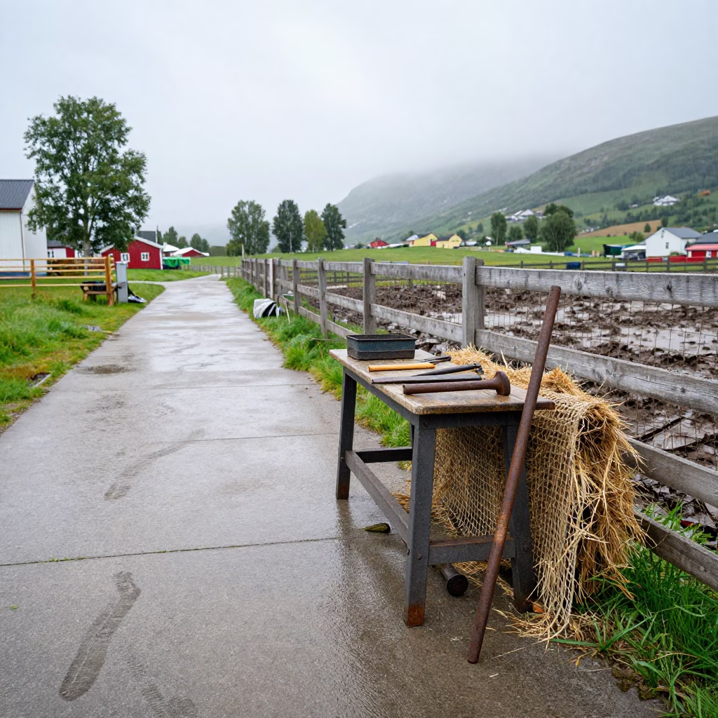 Norwegian Hay Net Repair Bench in Rain in along a muddy paddock fence in Norway